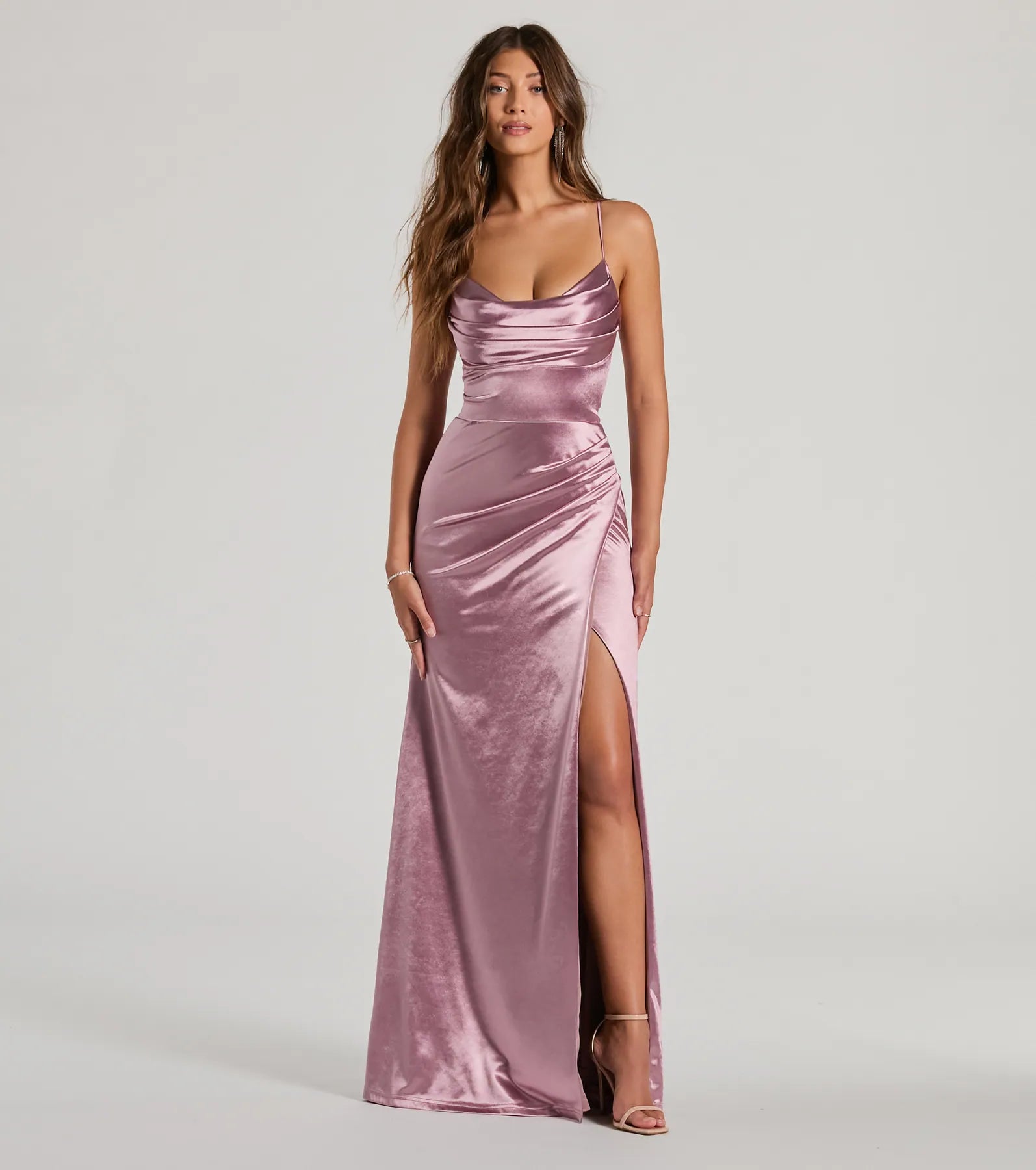 Dani Cowl Neck Lace-Up A-Line Satin Formal Dress Long Boho Skirt