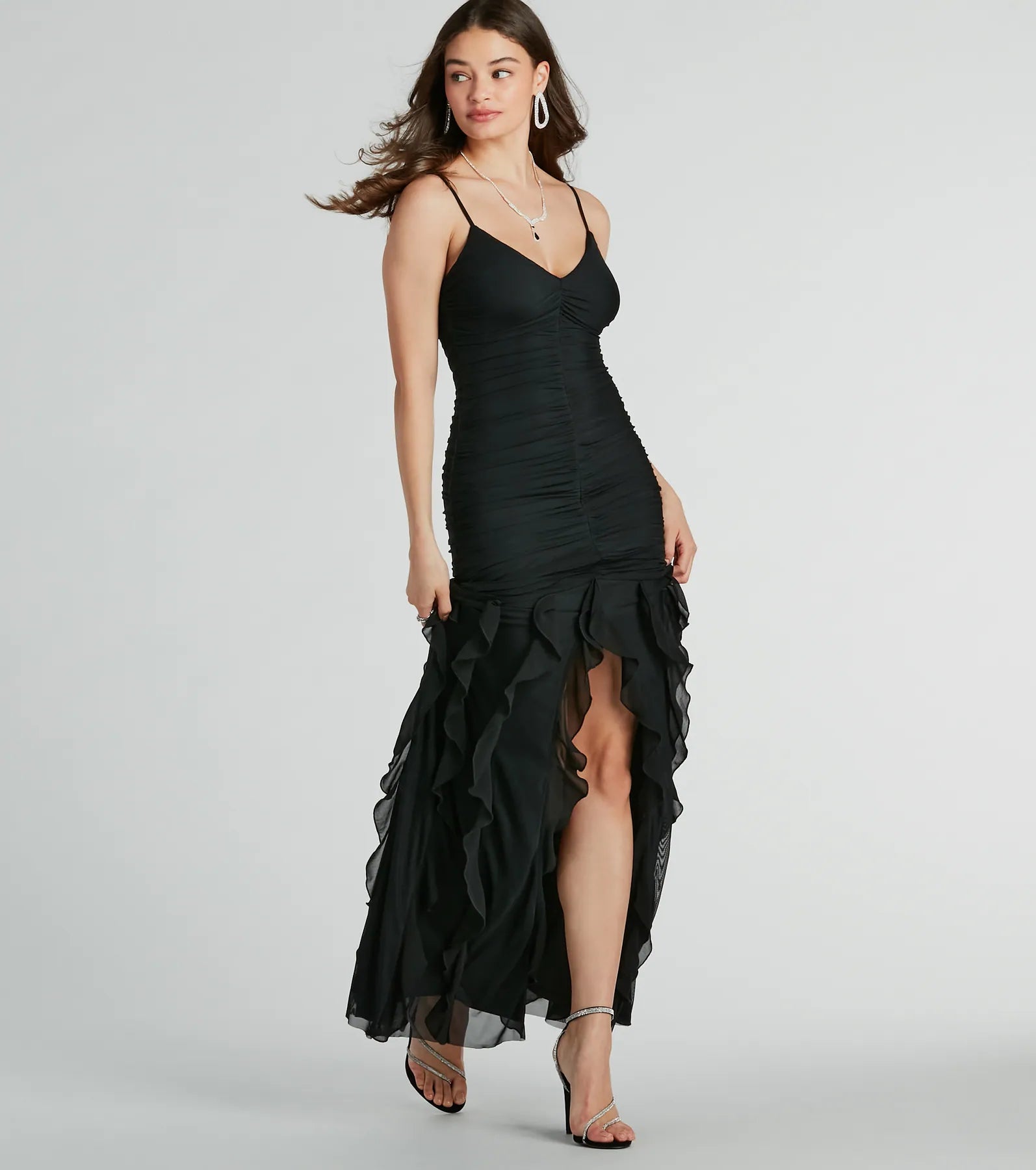 Keily Ruched And Ruffled Mesh Formal Dress Stretch Maxi Skirt