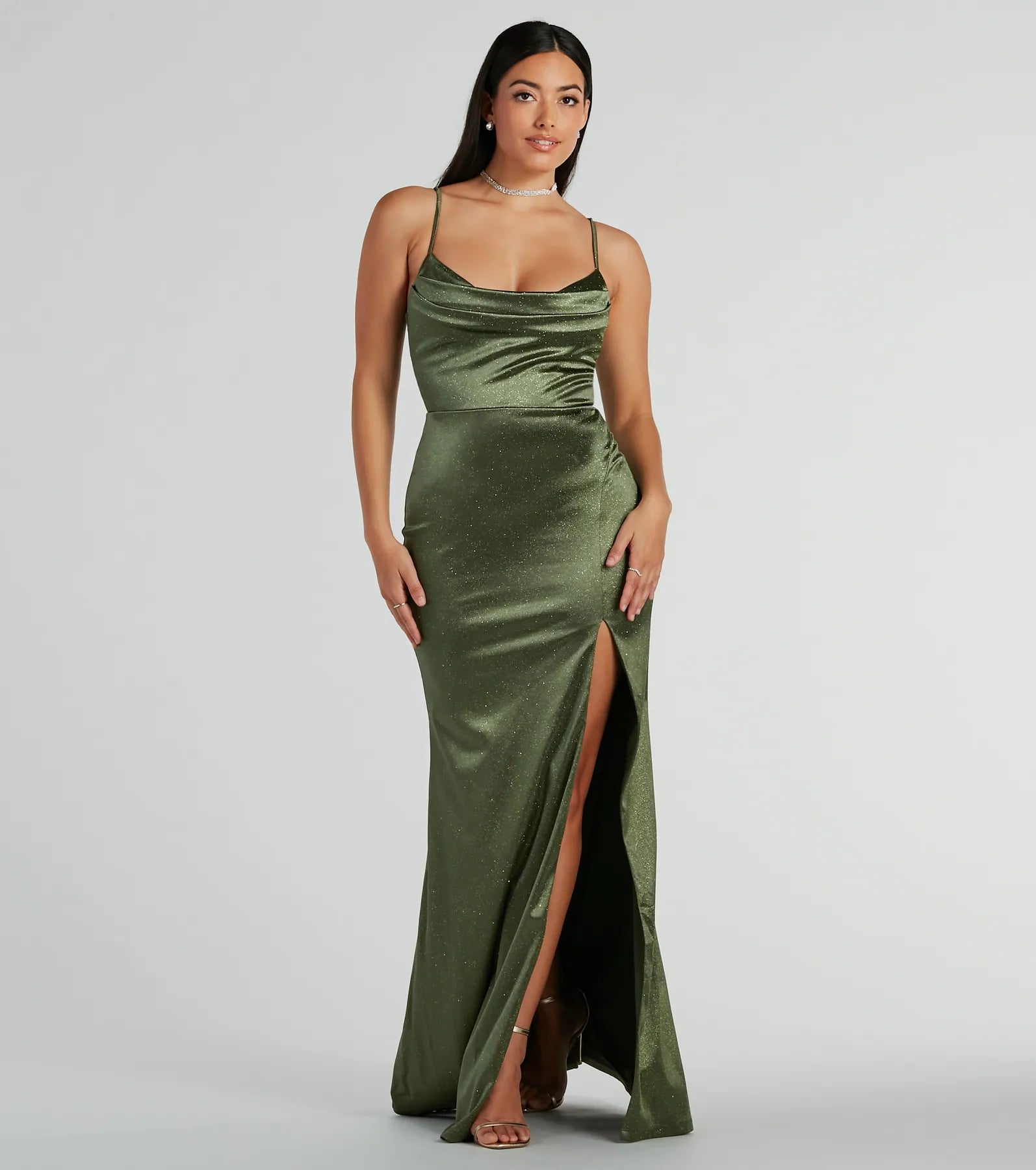 Melody Cowl Neck Mermaid Glitter Satin Formal Dress Soft Flow Maxi