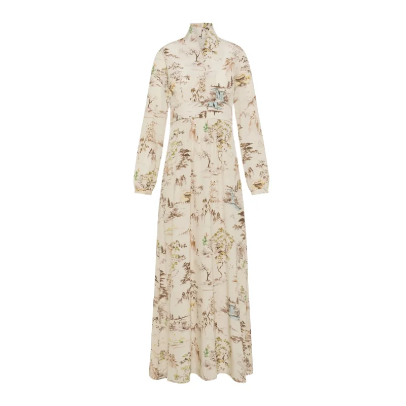 Momoni Suita Ladies Long Dress-in-Printed Crepe-De-Chine-Cream-Tobacco