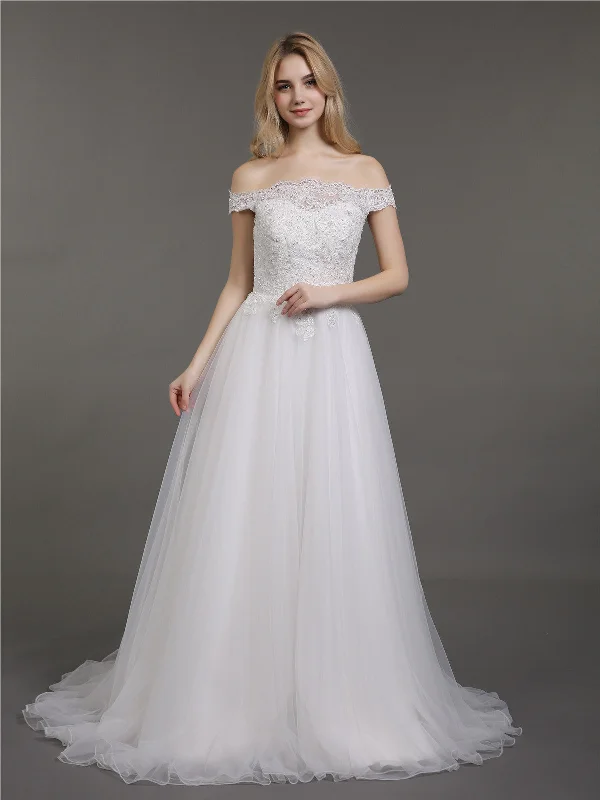 Off the Shoulder Lace and Tulle Wedding Gown-Ivory