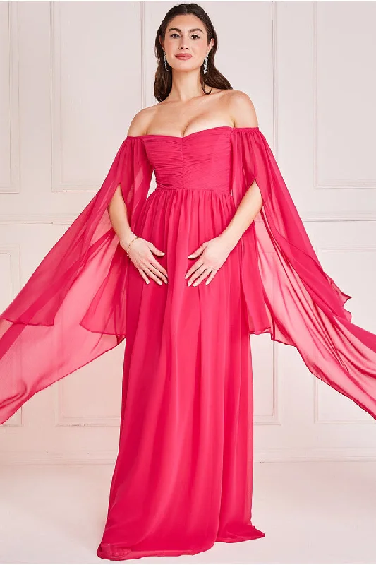 Goddiva Chiffon Off The Shoulder Maxi With Cape Sleeves  - Hot Pink