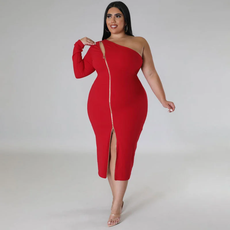 Plus Size One Shoulder Front Slit Zipper Dress